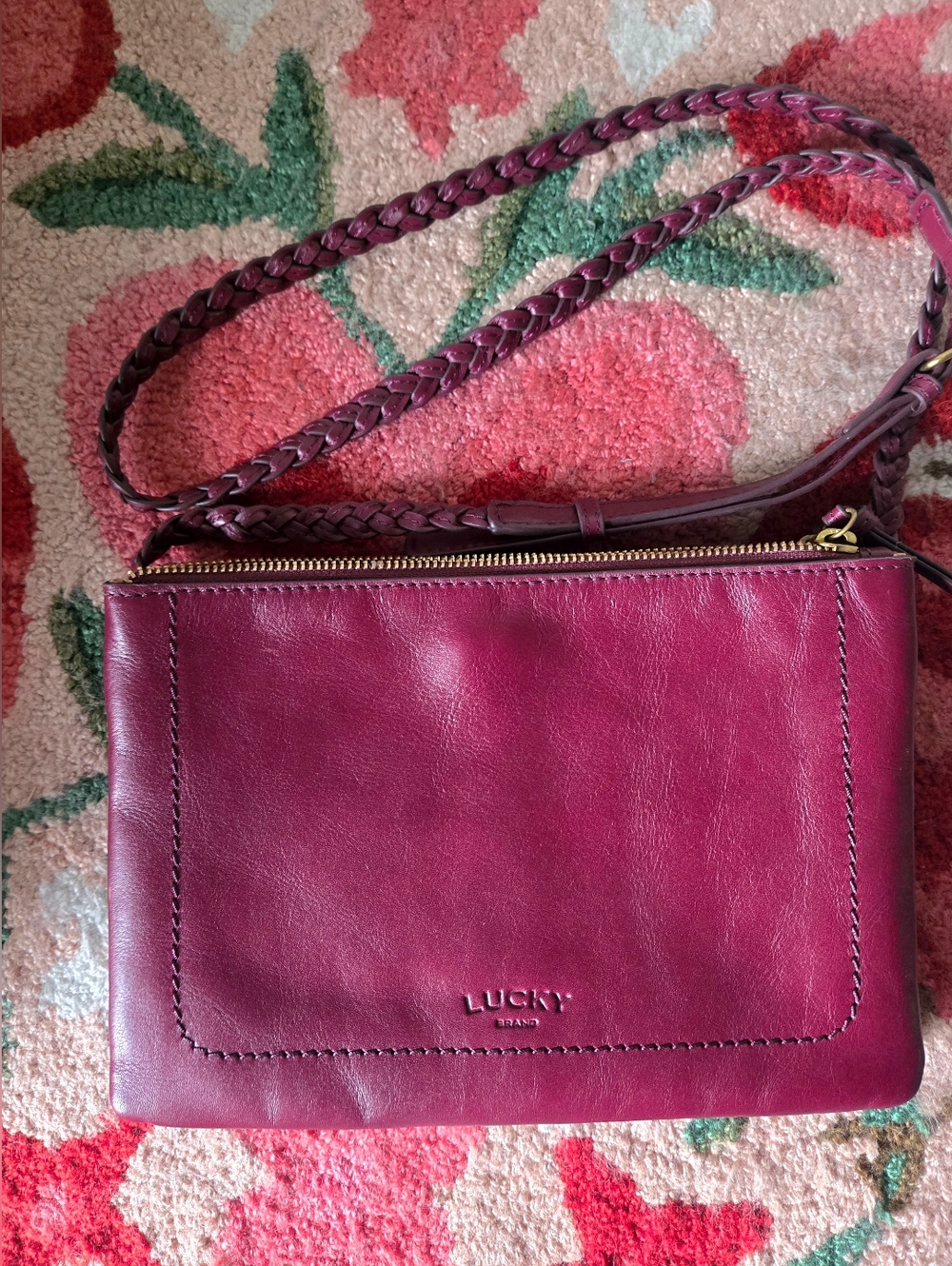 Lucky Brand Jema Burgundy Merlot Wine 100% Leather Braided-Strap Crossbody